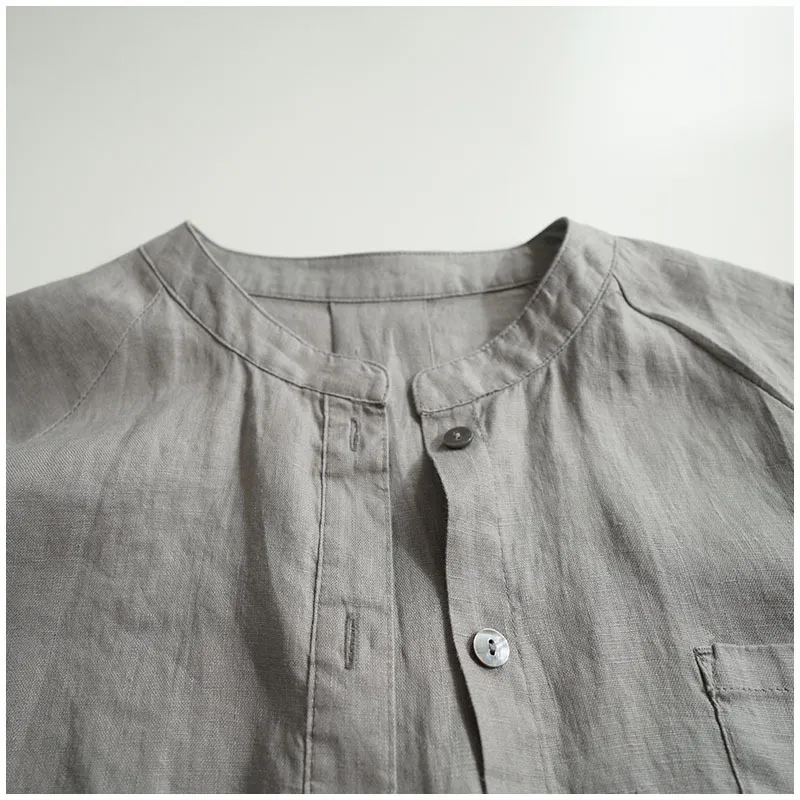 Stand collar 3/4 sleeve cotton linen shirt