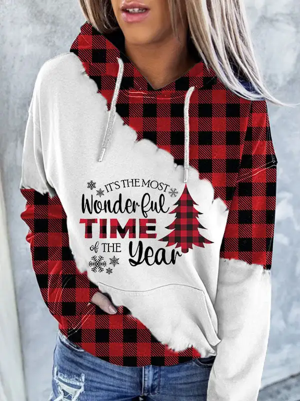 Women's It's The Most Wonderful Time of The Year Check Christmas Tree Print Hooded Sweatshirt