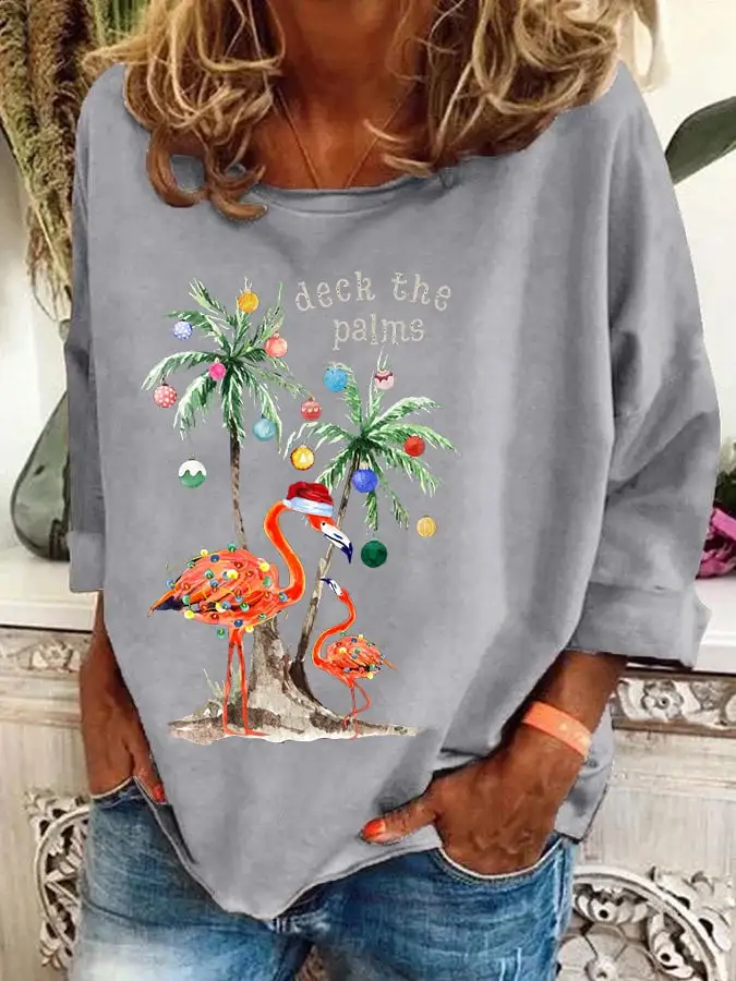 Women's Christmas Deck The Palms Print Casual Sweatshirt