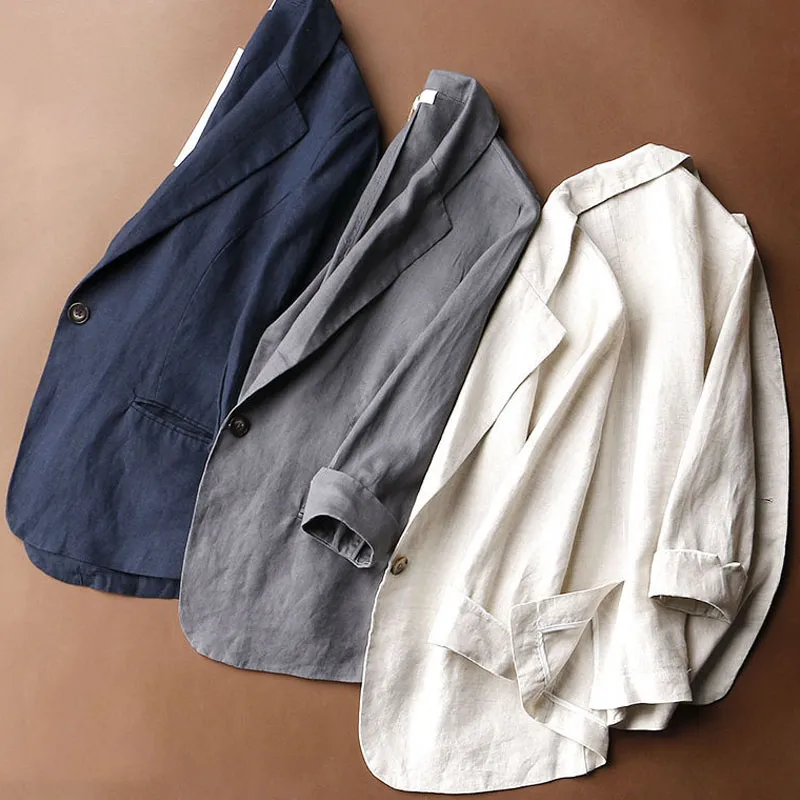 Thin 3/4-sleeve one-button linen blazer