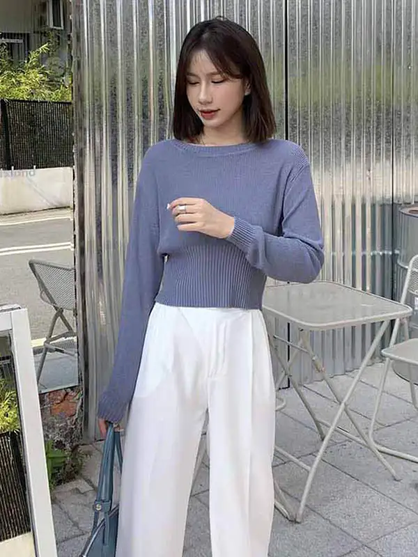 Simple Solid Color Round-Neck Long Sleeves Knitwear