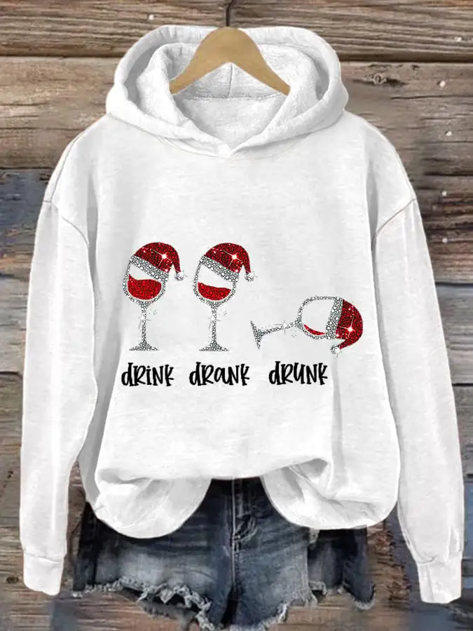 Women's Funny Christmas Drink Drank Drunk Red Wine Glass Casual Hoodie