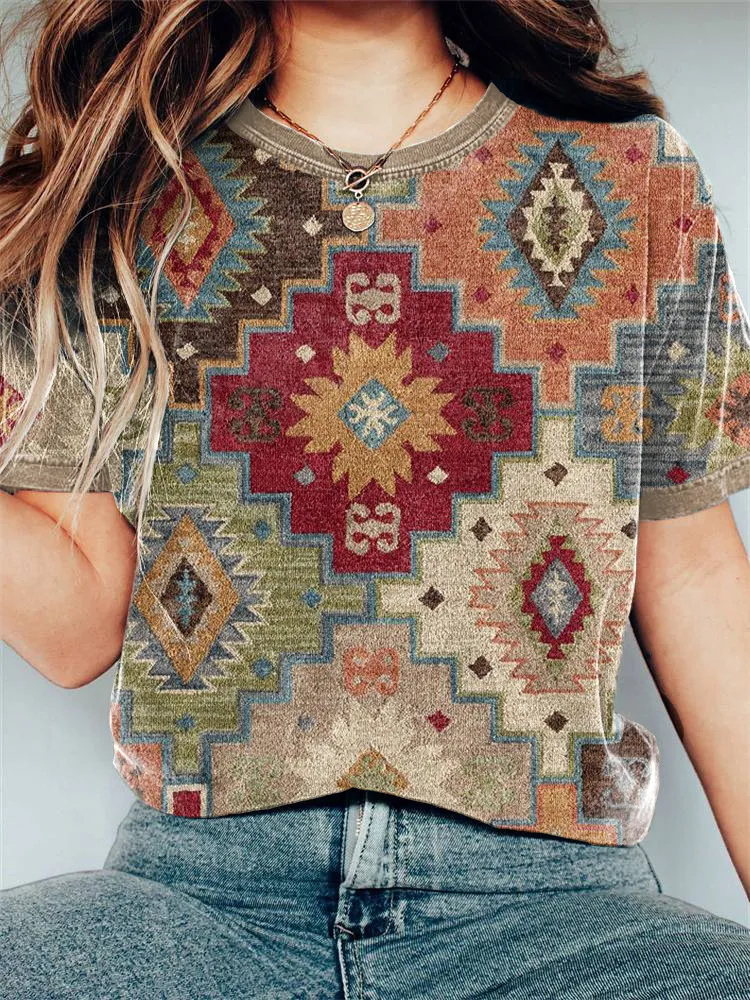 Western Ethnic Geometric Pattern Casual Cozy T-shirt