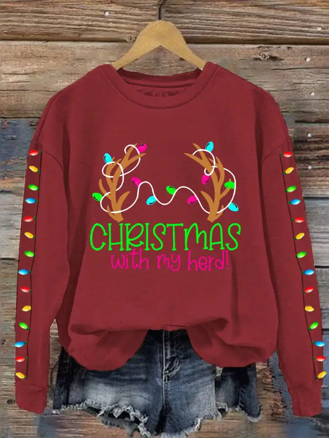 Women's Christmas With My Herd Print Crew Neck Sweatshirt