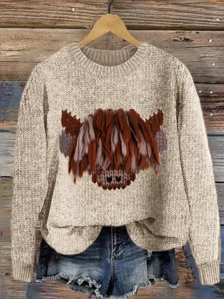 Highland Cow Crochet Art Cozy Knit Sweater