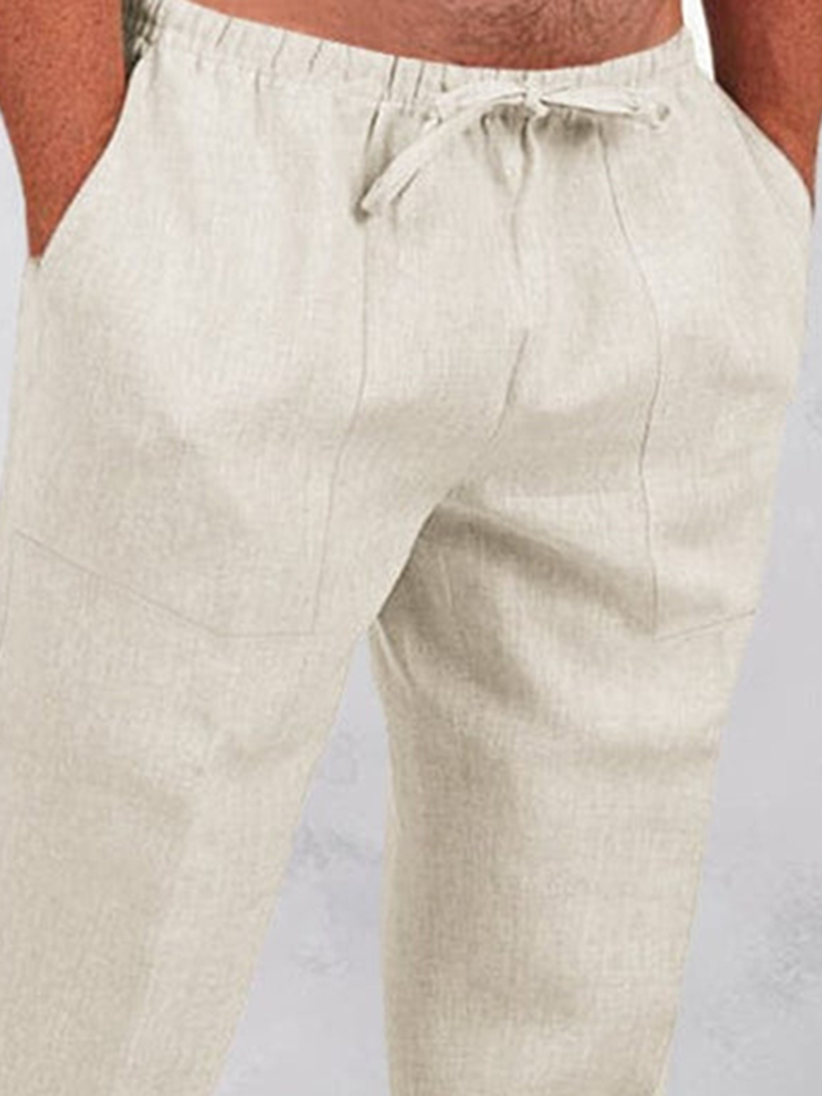 Casual solid color elastic waist cotton and linen straight pants