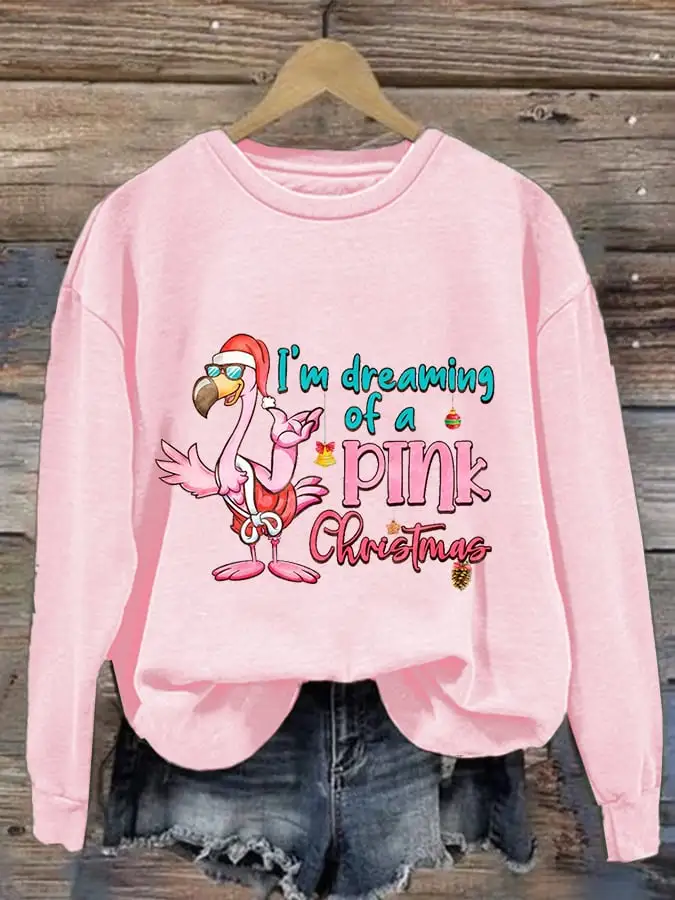 Women's I‘m Dreaming of a Pink Christmas Flamingo Print Casual Sweatshirt