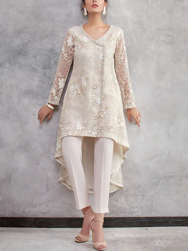 V-neck lace solid color trousers suit