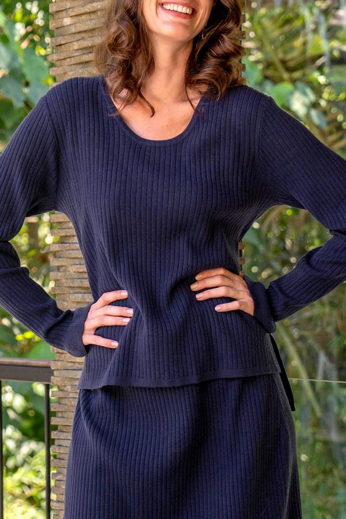 Long Sleeve Knitted Top In Navy