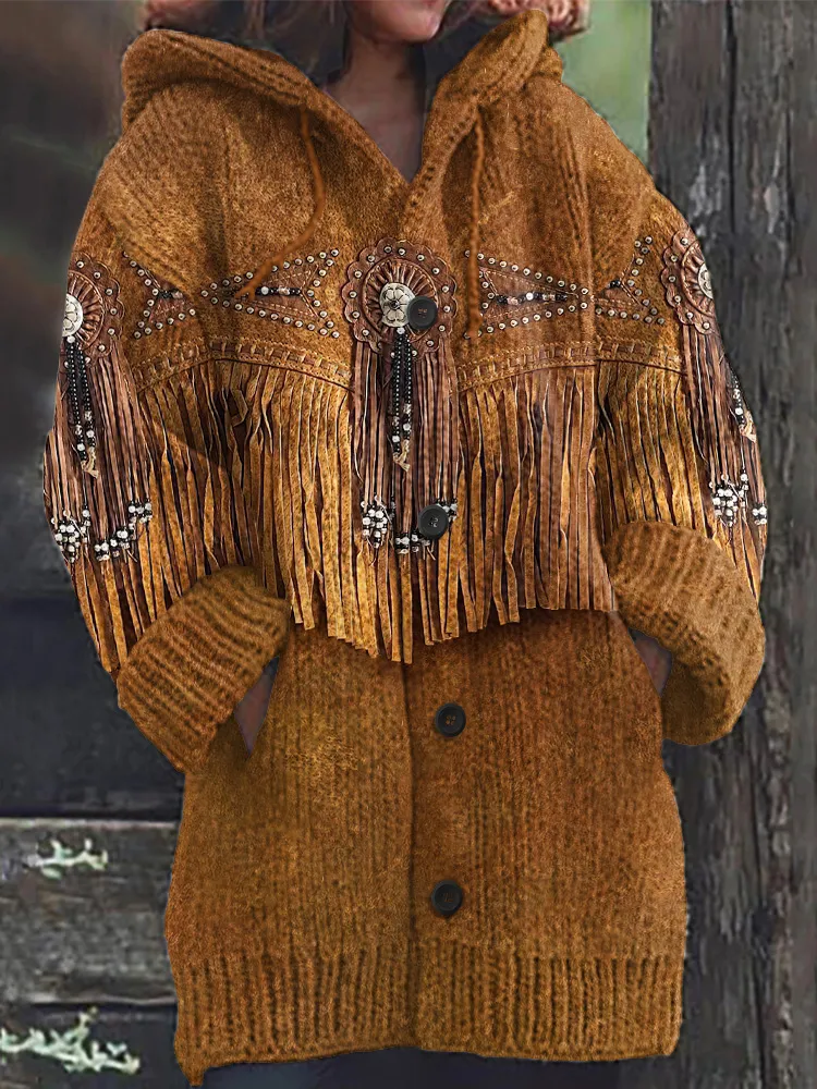 Women's Western Vintage Tassels Cozy Hooded Cardigan