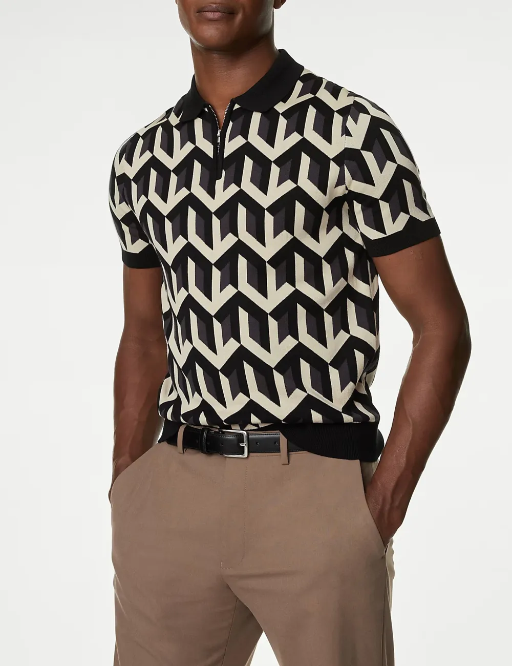 Cotton Rich Geometric Knitted Polo Shirt