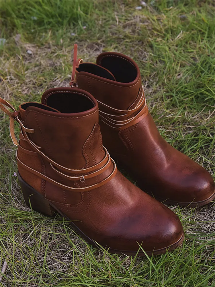 Laced Washed Leather Patchwork Ankle Boots