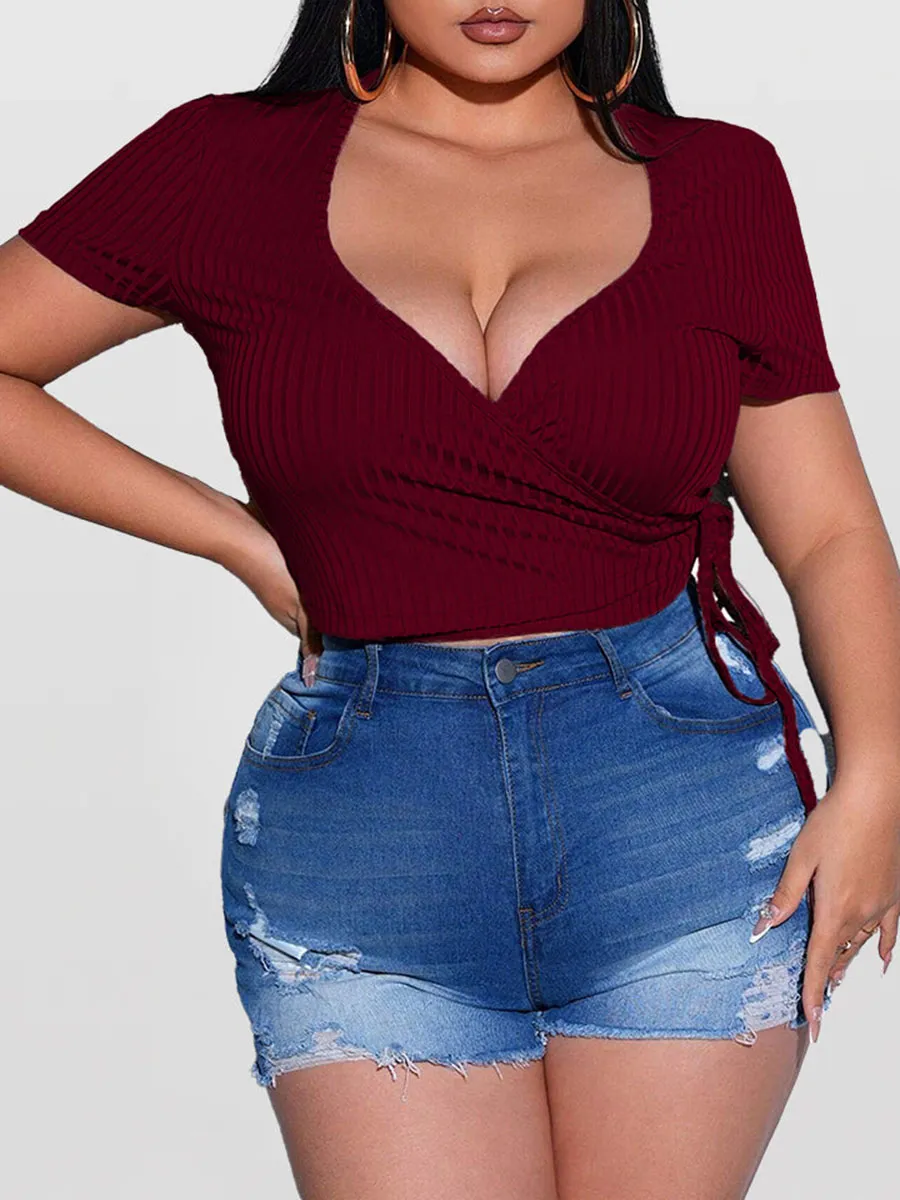 Surplice Neck Knot Side Crop Tee