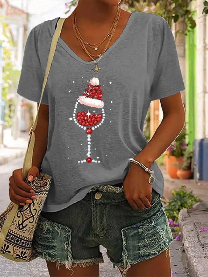 Women's Shiny Christmas Hat Red Wine Glass Casual V-Neck Tee