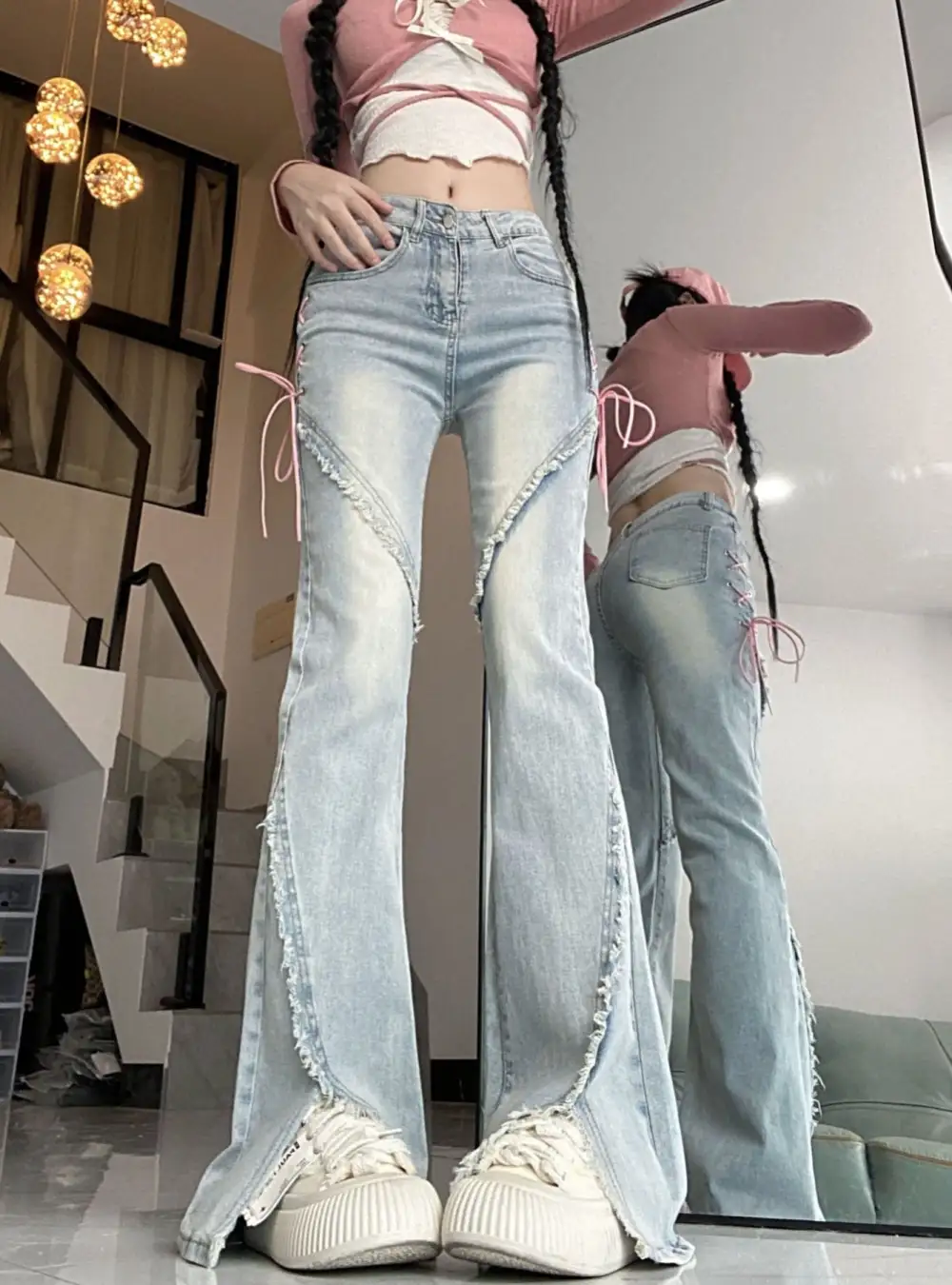 Split Horn Light Blue Lace Up Jeans