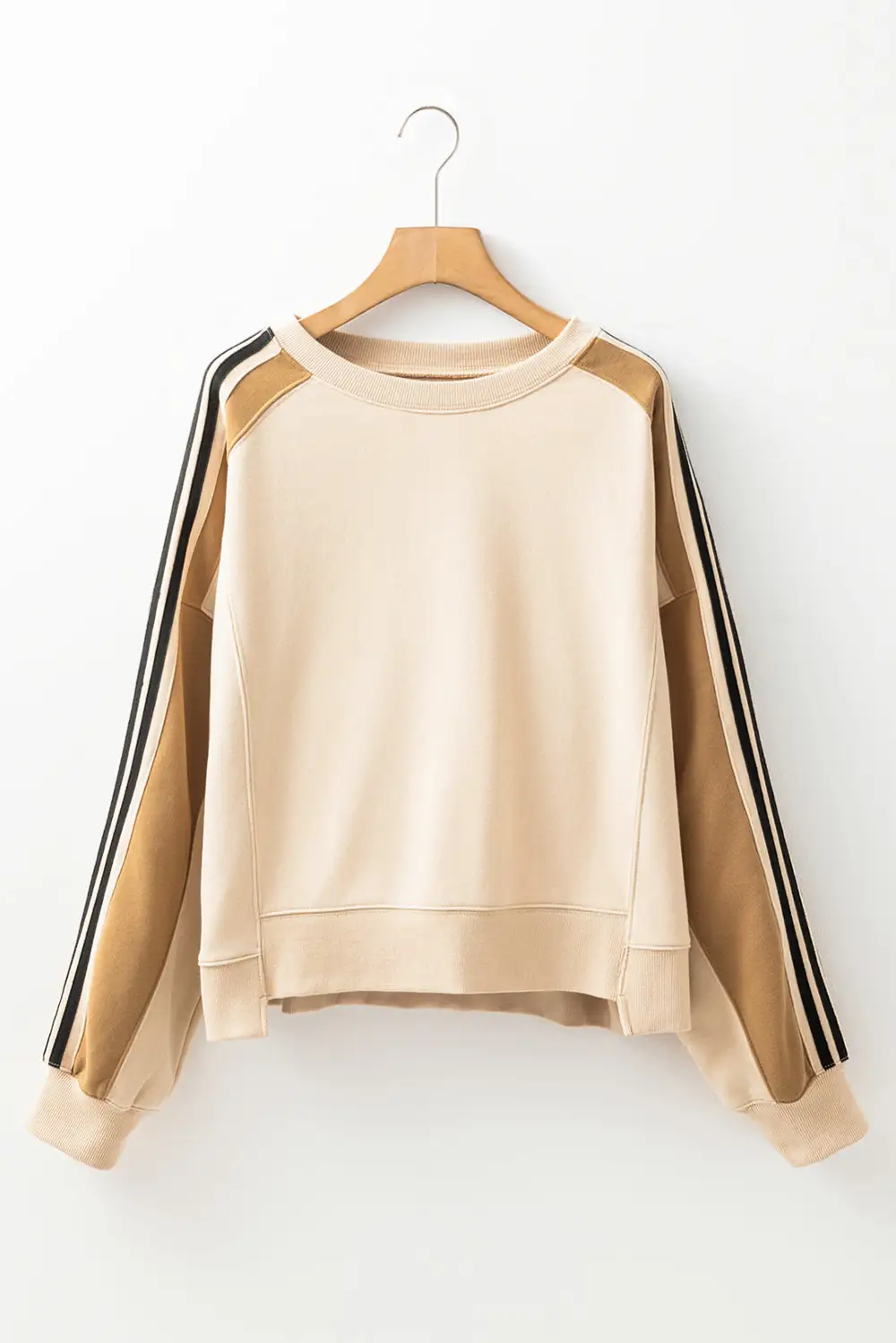 Beige Contrast Striped Patchwork Drop Shoulder Loose Sweatshirt