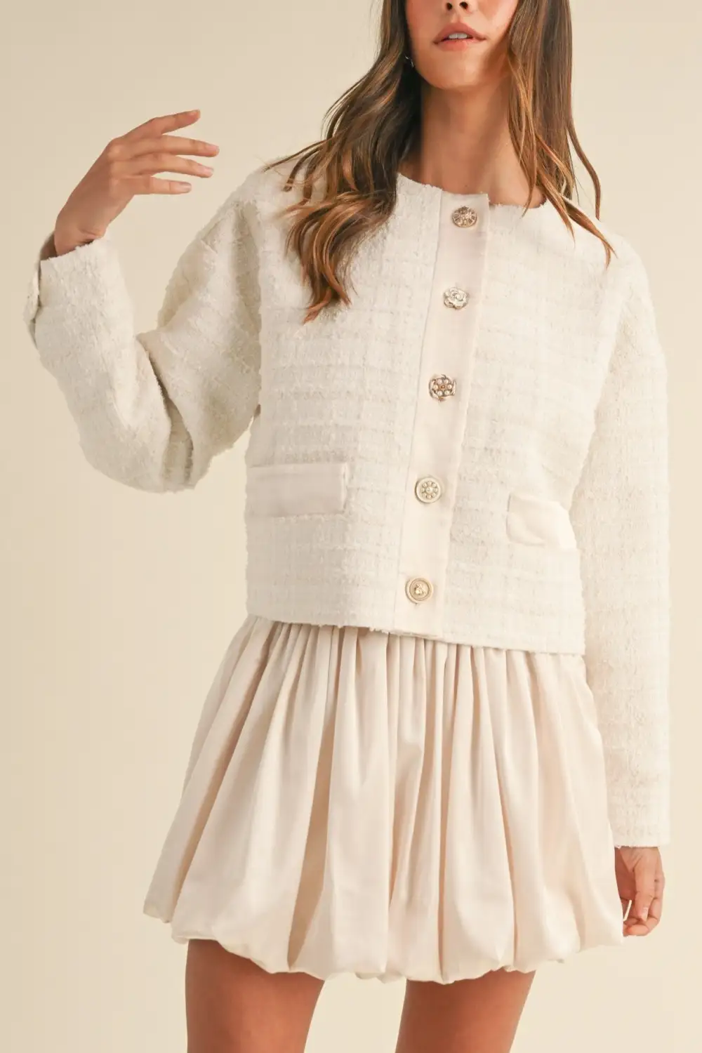 Jewel Button Up Tweed Jacket - Cream