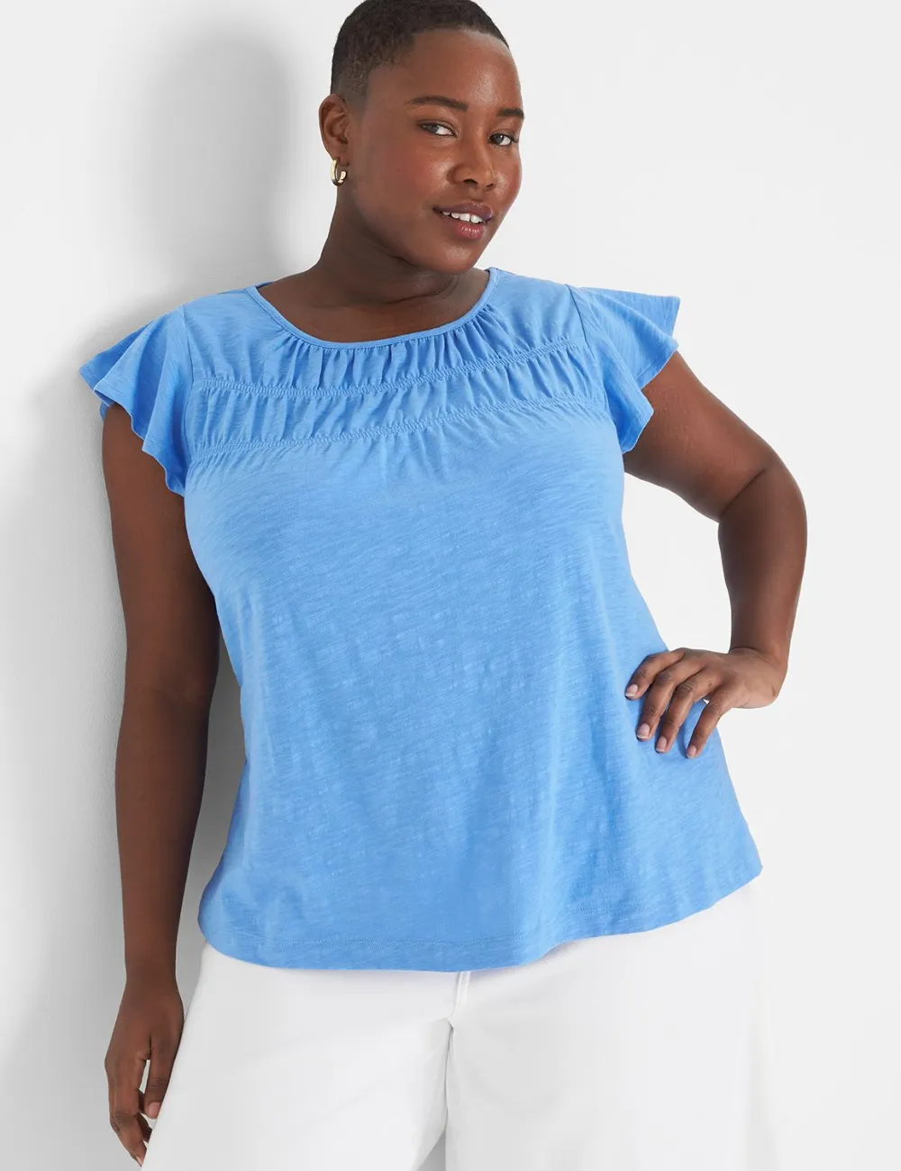 Flutter-Sleeve Boatneck Ruched Tee