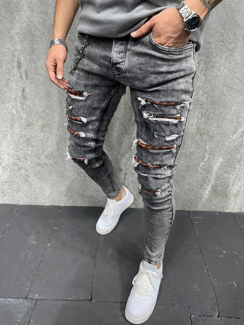 Checkered Chain Tight Perforated Jeans