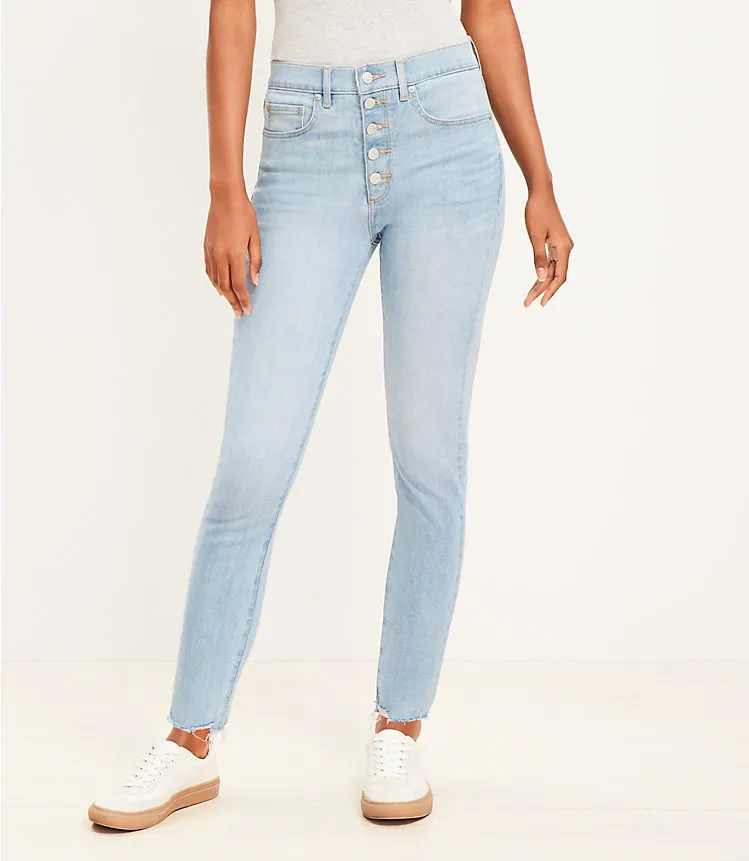 Destructed Button Front High Rise Skinny Jeans in Light Wash