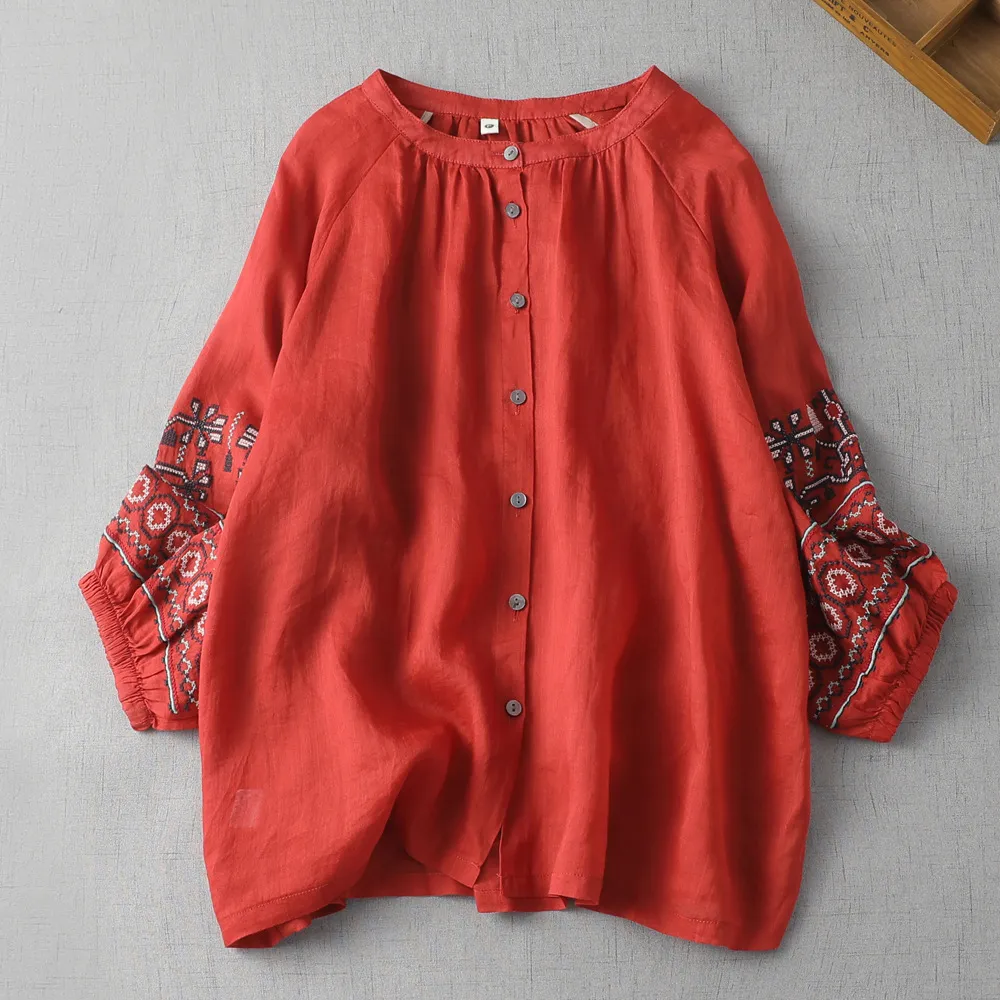 Retro Loose Round Neck Balloon Sleeve Top