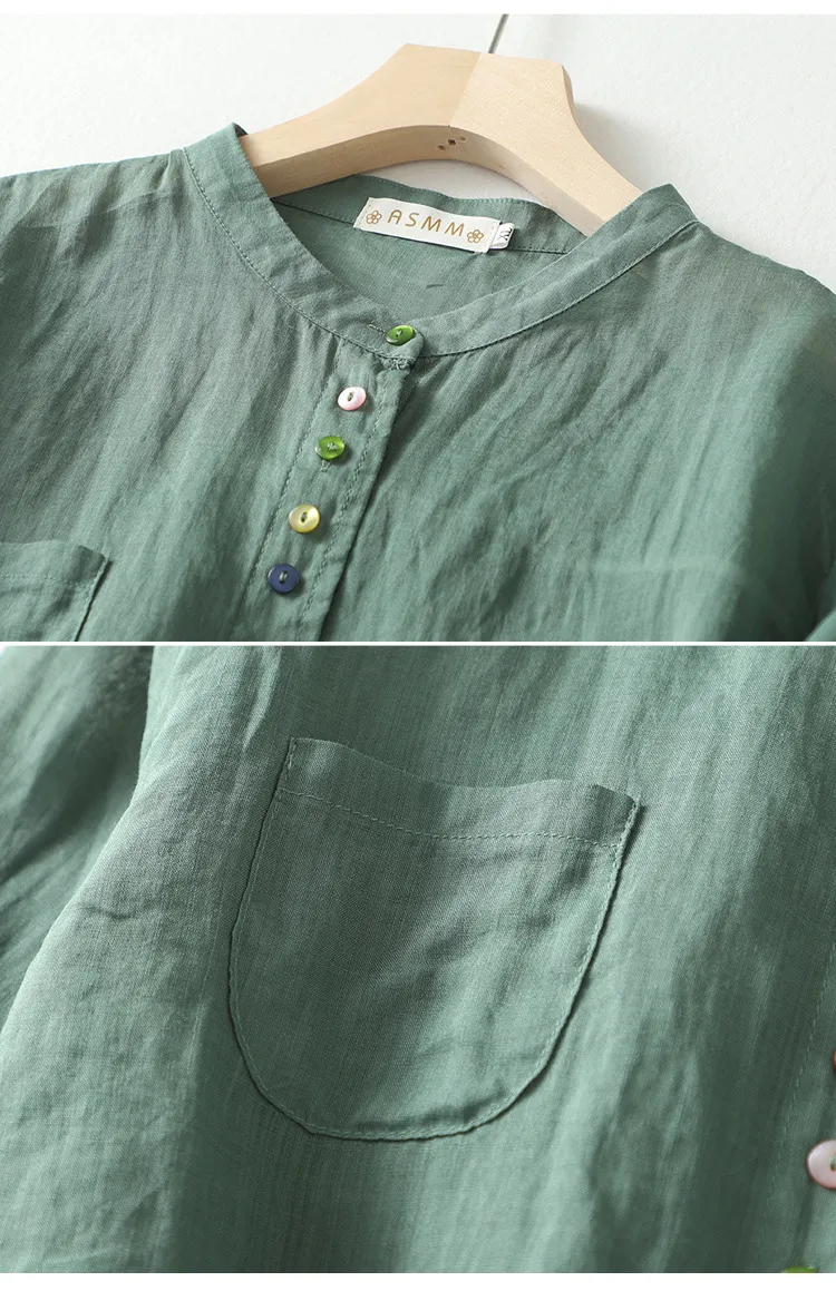 Art retro cotton linen color button irregular shirt