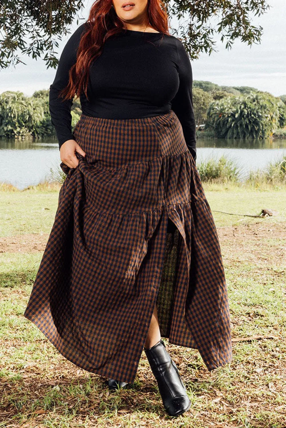 Brown Check Check Maxi Skirt