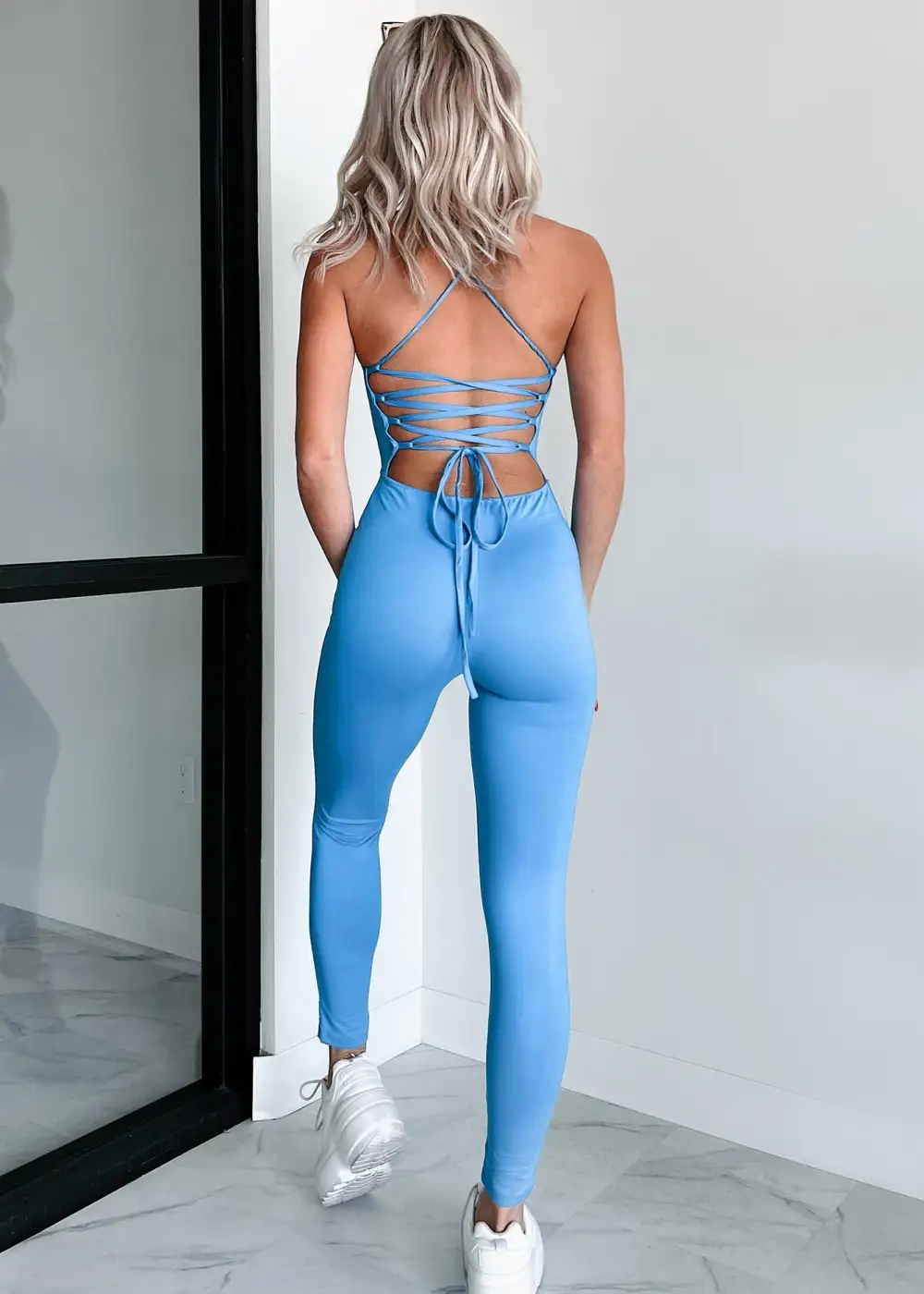 Time To Walk Away Lace-Up Back Jumpsuit (Blue)