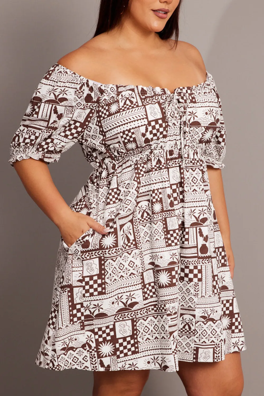 Brown Abstract Mini Dress Puff Sleeve Linen Blend