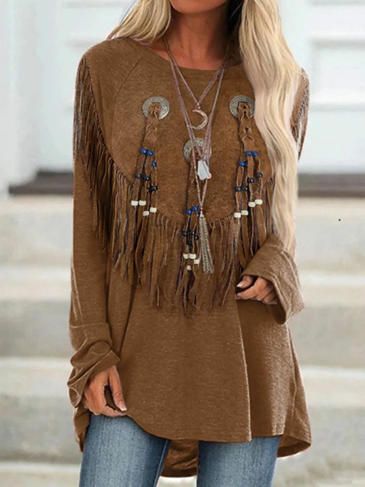 Women's Western Tassels Art Button Round Neck Casual Tunic