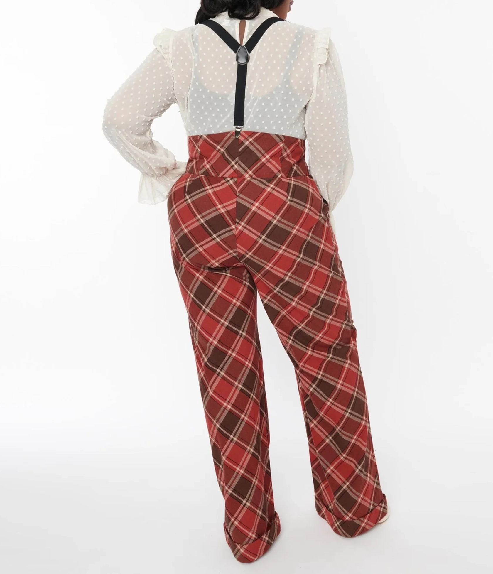 Unique Vintage 1940s Red & Brown Plaid Wide Leg Suspender Pants