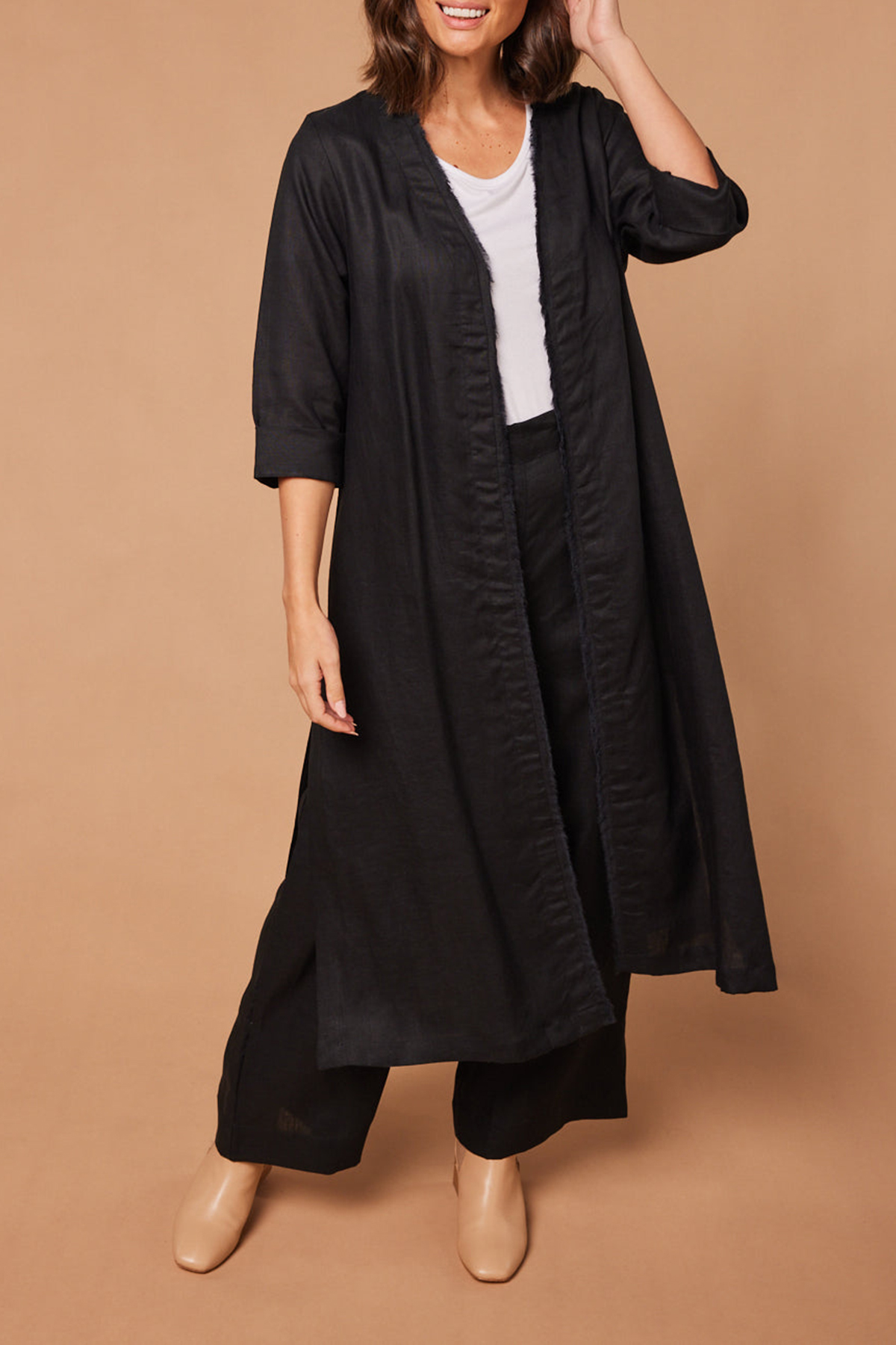 Long Line Fringed Linen Duster Jacket In Black