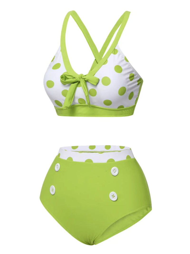 GREEN 1950S POLKA DOT V-NECK SWIMSUIT