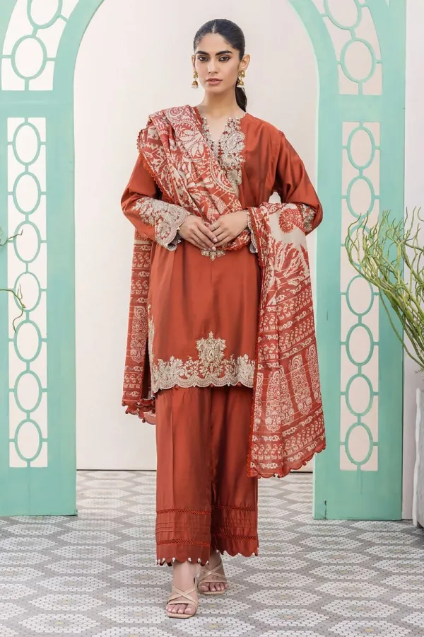 3 Piece Kurta Embroidered | Dupatta& Bottom & Tops | Color Red