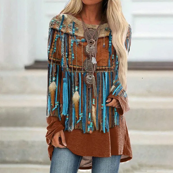 Western Fringe Print Crew Neck Long Sleeve Tunic