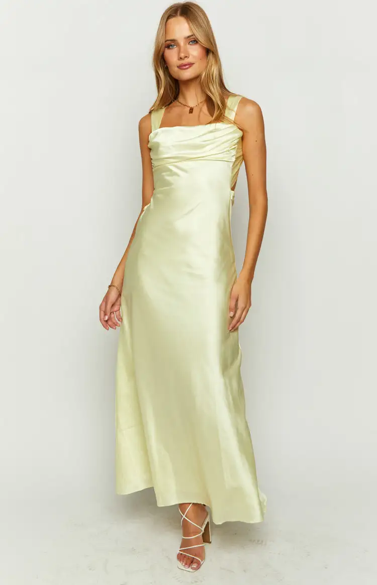 Laria Yellow Satin Formal Maxi Dress