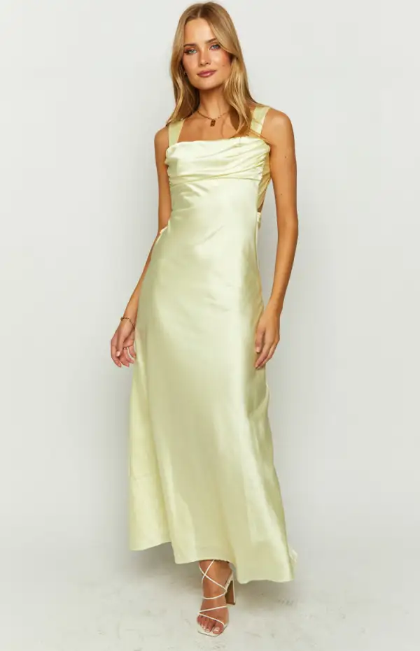 Laria Yellow Satin Formal Maxi Dress