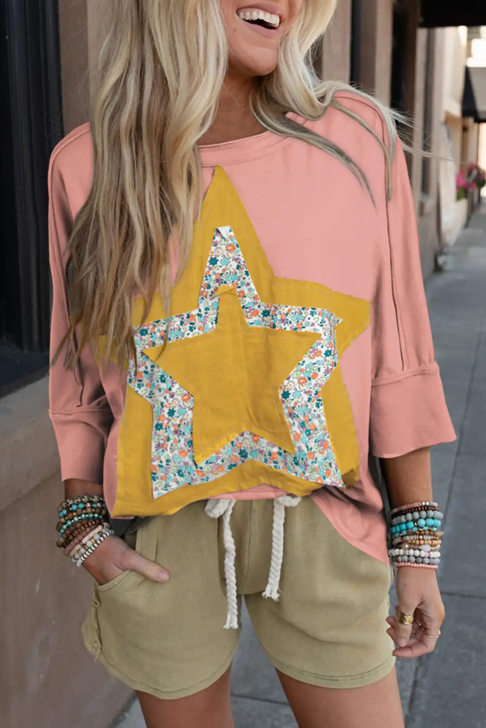 Rose Tan Floral Star Patched Exposed Seam Top