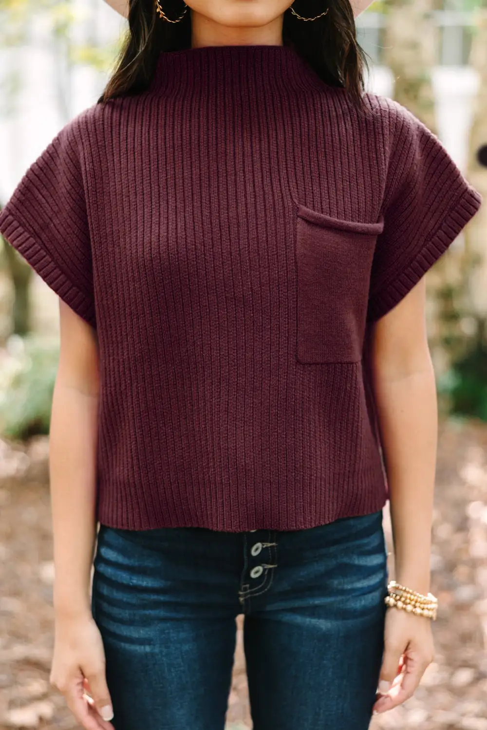 Patch Pocket Ribbed Knit Short Sleeve Sweater