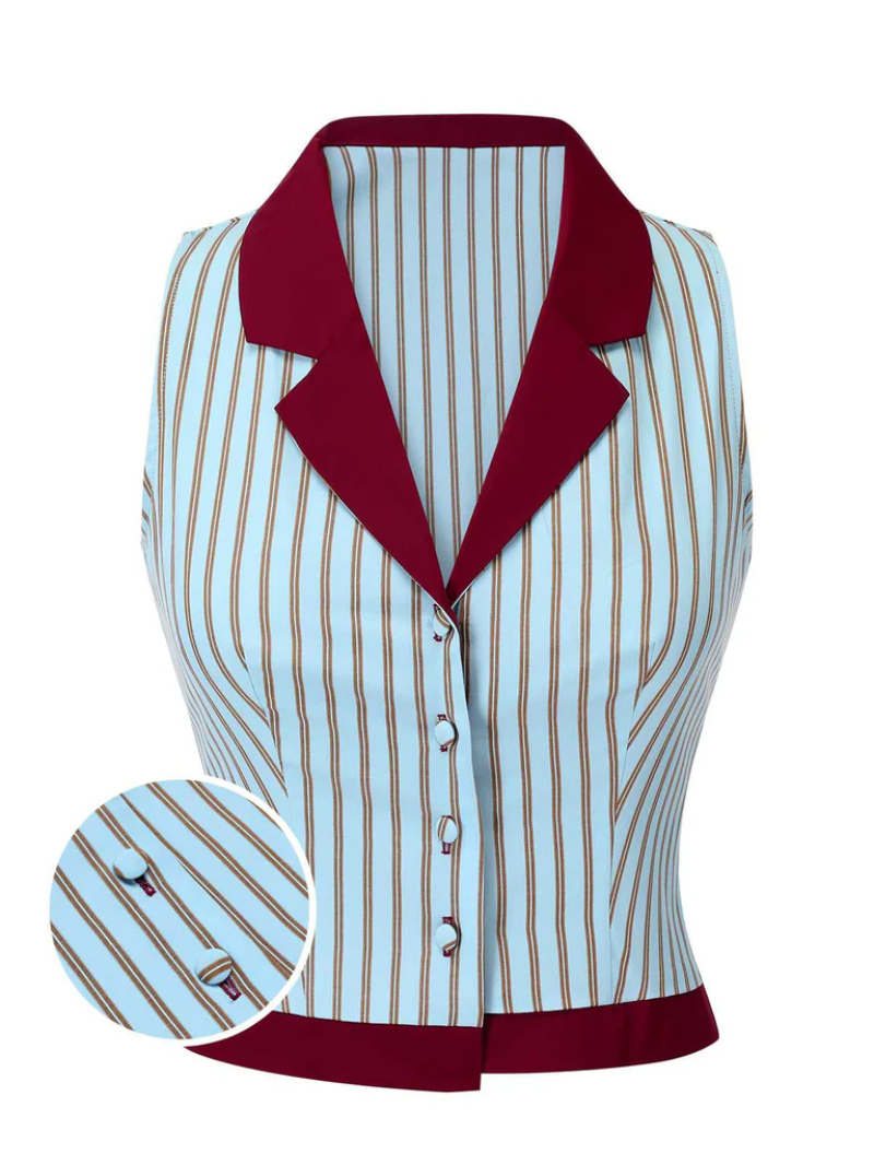 BLUE 1950S STRIPES PATCHWORK SLEEVELESS BLOUSE