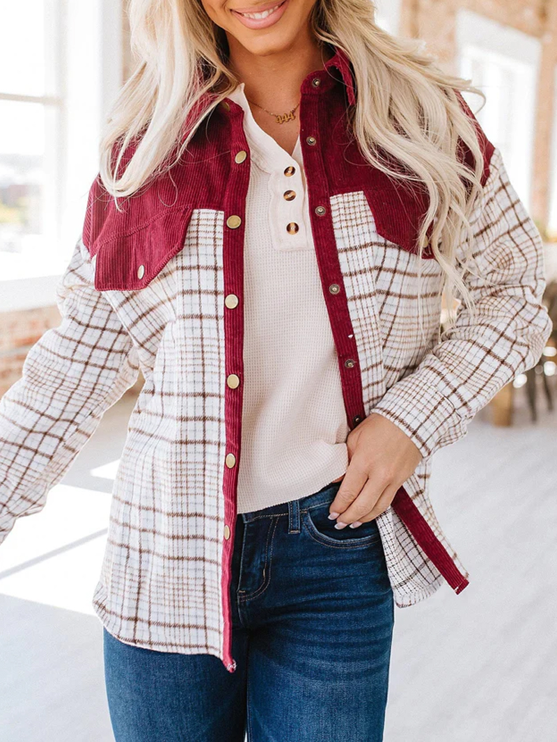 Wine Red Casual Elegant Plaid Jacket Coat