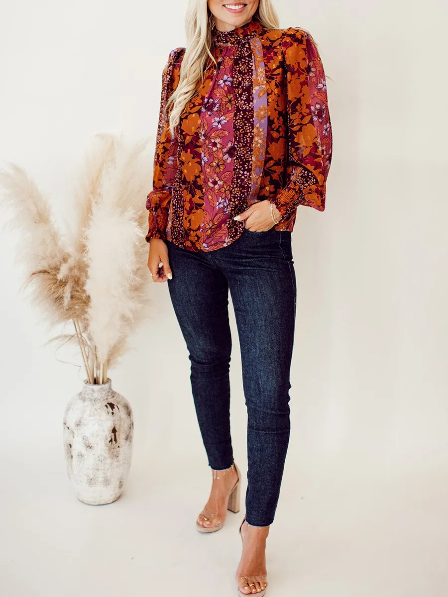 High neck autumn floral pattern shirt