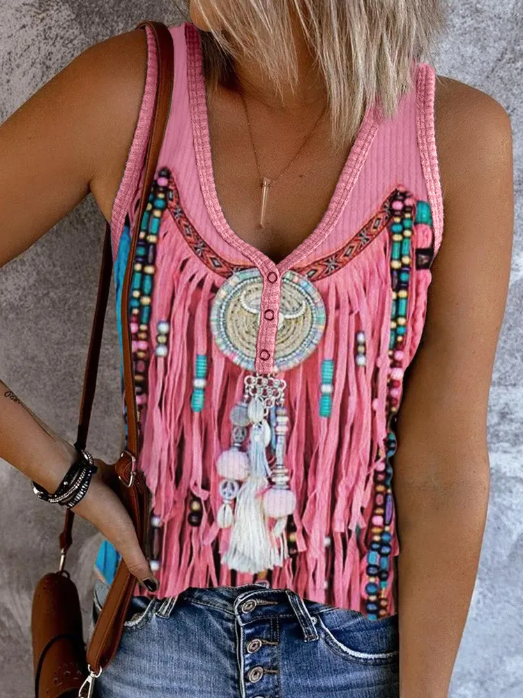 Turquoise Beaded Pink Tassels Button Up Tank Top