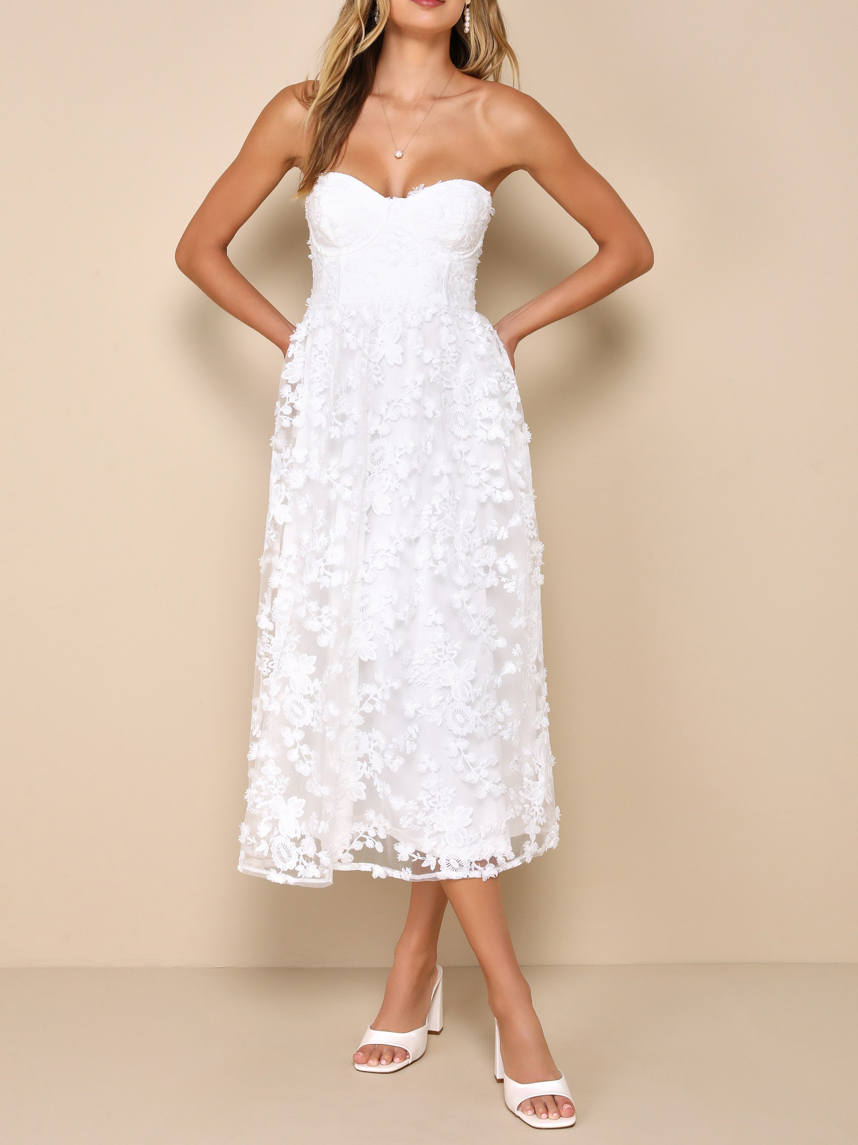 Quite Perfect White Floral Embroidered Strapless Midi Dress