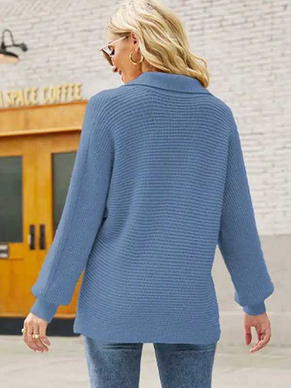 Long Sleeves Solid Color Lapel V-Neck Sweater Tops