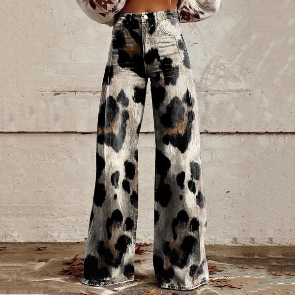 Western Leopard Print Wide Leg Jeans