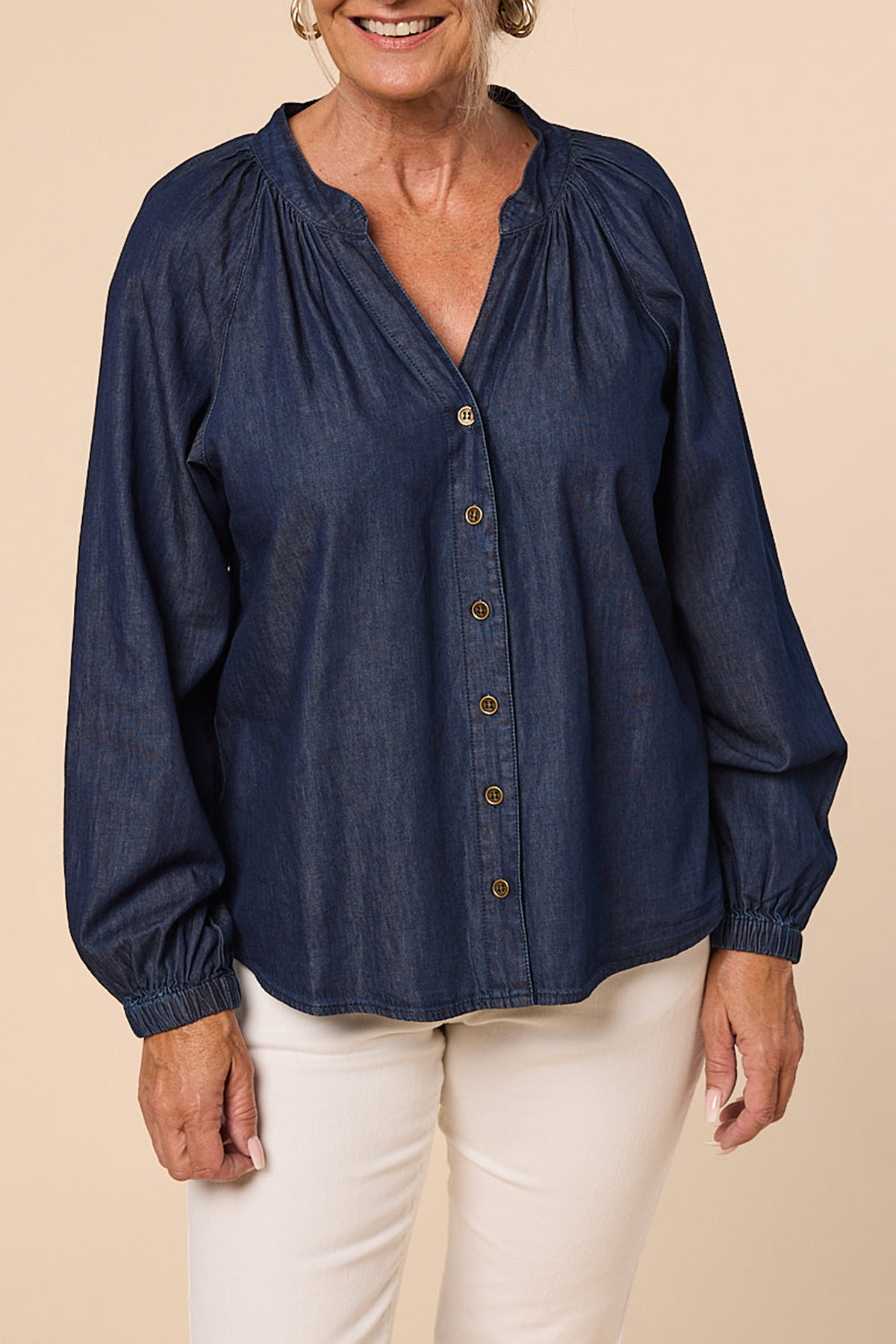 Kitty Chambray Top In Dark Wash