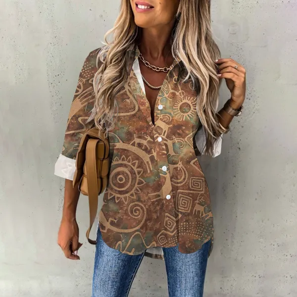 Vintage Print Lapel Long Sleeve Shirt