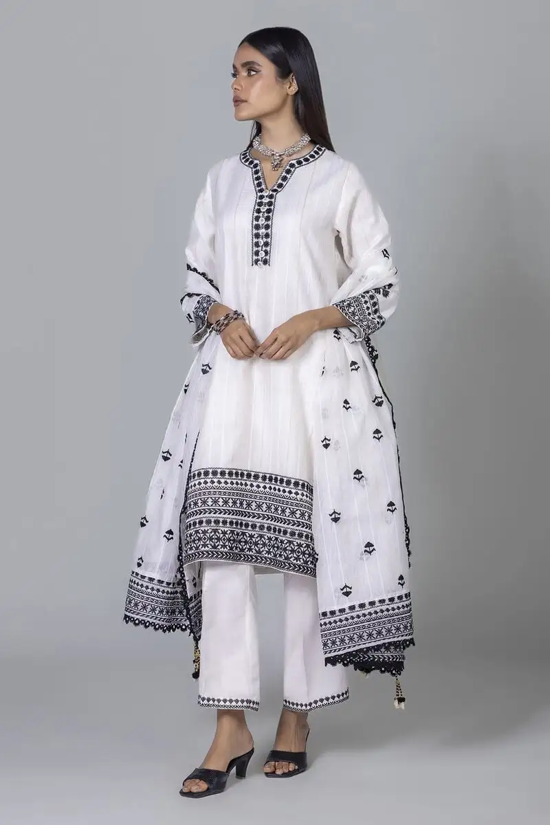 3 Piece Kurta Embroidered | Dupatta& Bottom & Tops | Color Gray and white