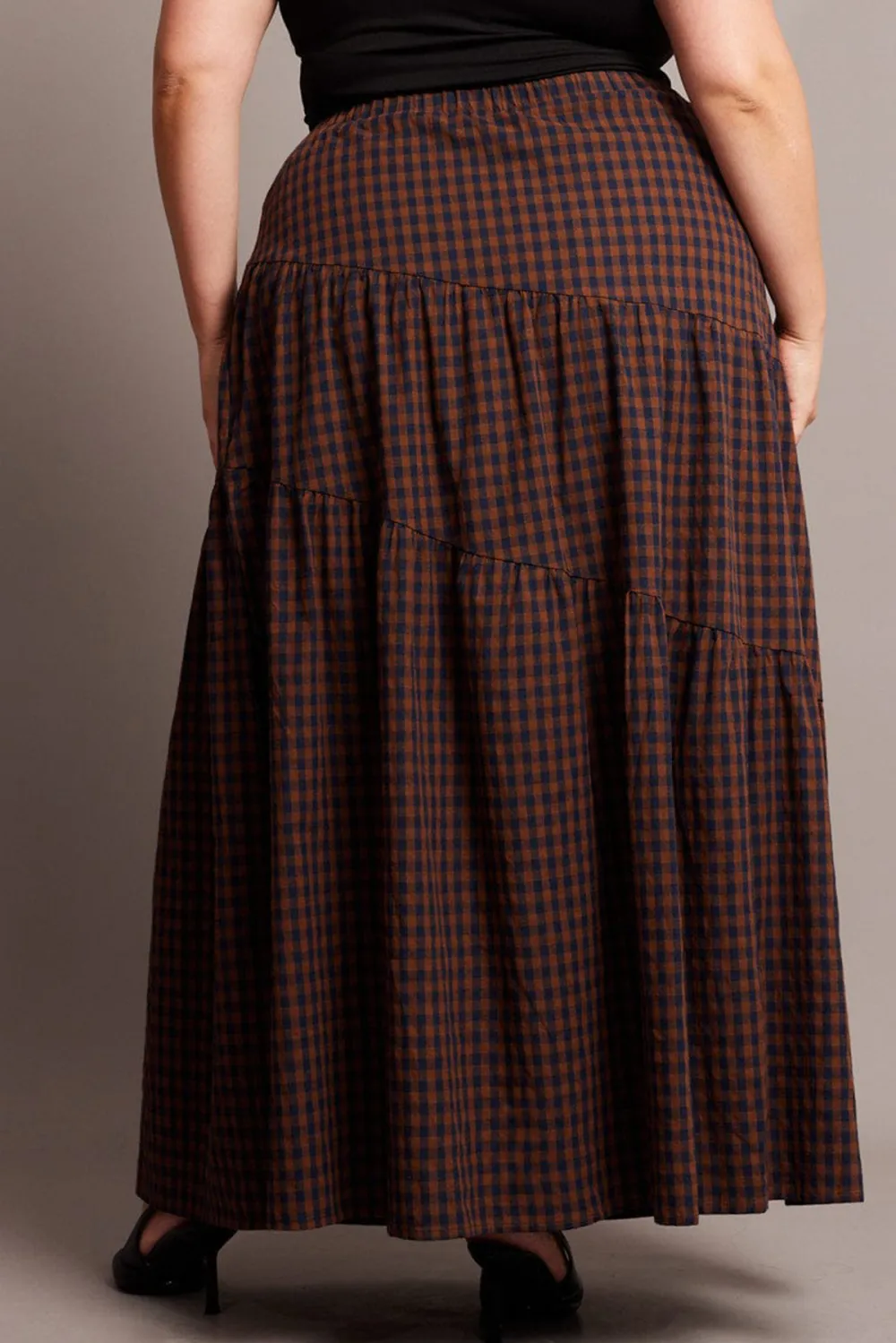 Brown Check Check Maxi Skirt